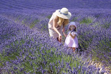 Valensole, Fransa. Anne ile kızı lavanta alanındaki