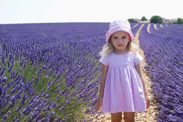 Dítě dívka v květinové poli levandule — Stock fotografie