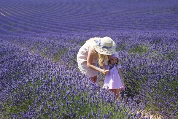 Valensole, France. Mère avec fille dans le champ de lavande — Photo