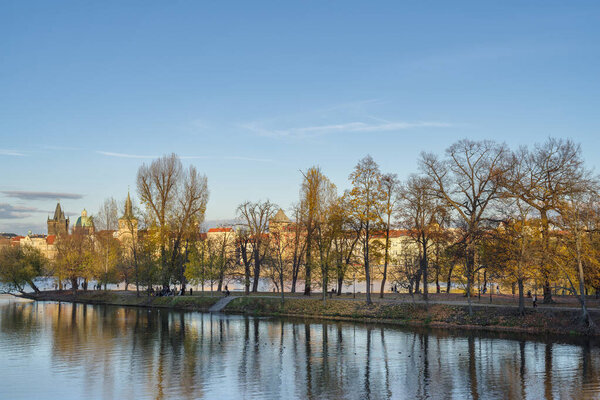 Vltava river flowing by Shooter's Island (Strelecky ostrov), Prague, Bohemia, Czech Republic