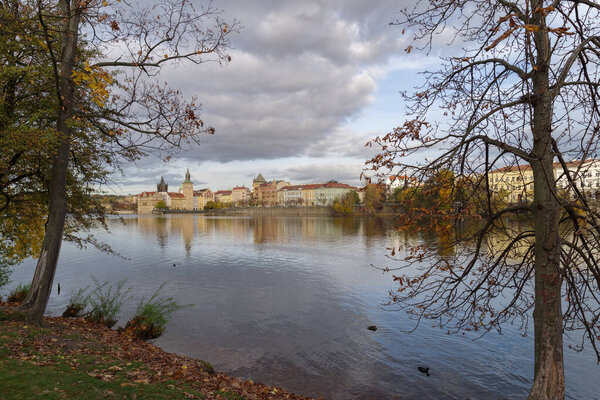 Strelecky Island in the Vltava River and the Old Town of Prague, Czech Republic