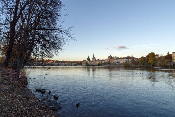 Strelecky Island in the Vltava River and the Old Town of Prague, Czech Republic