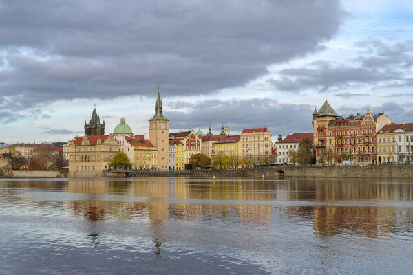 Strelecky Island in the Vltava River and the Old Town of Prague, Czech Republic