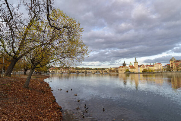 Strelecky Island in the Vltava River and the Old Town of Prague, Czech Republic