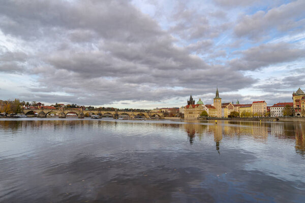 Strelecky Island in the Vltava River and the Old Town of Prague, Czech Republic