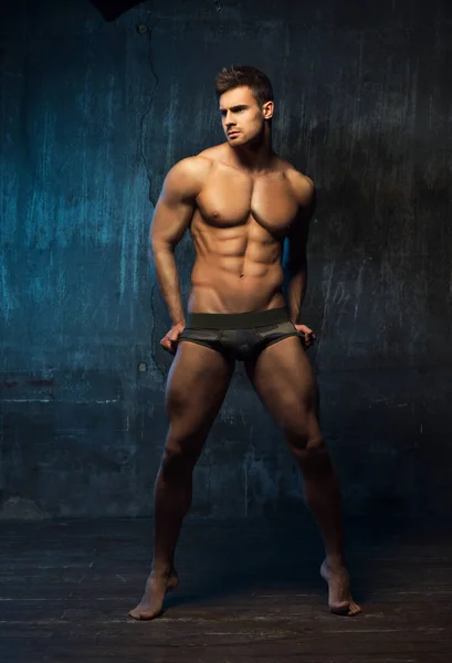 Full Length Portrait Handsome Fitness Male Model Standing Underwear Studio — Stock Photo, Image