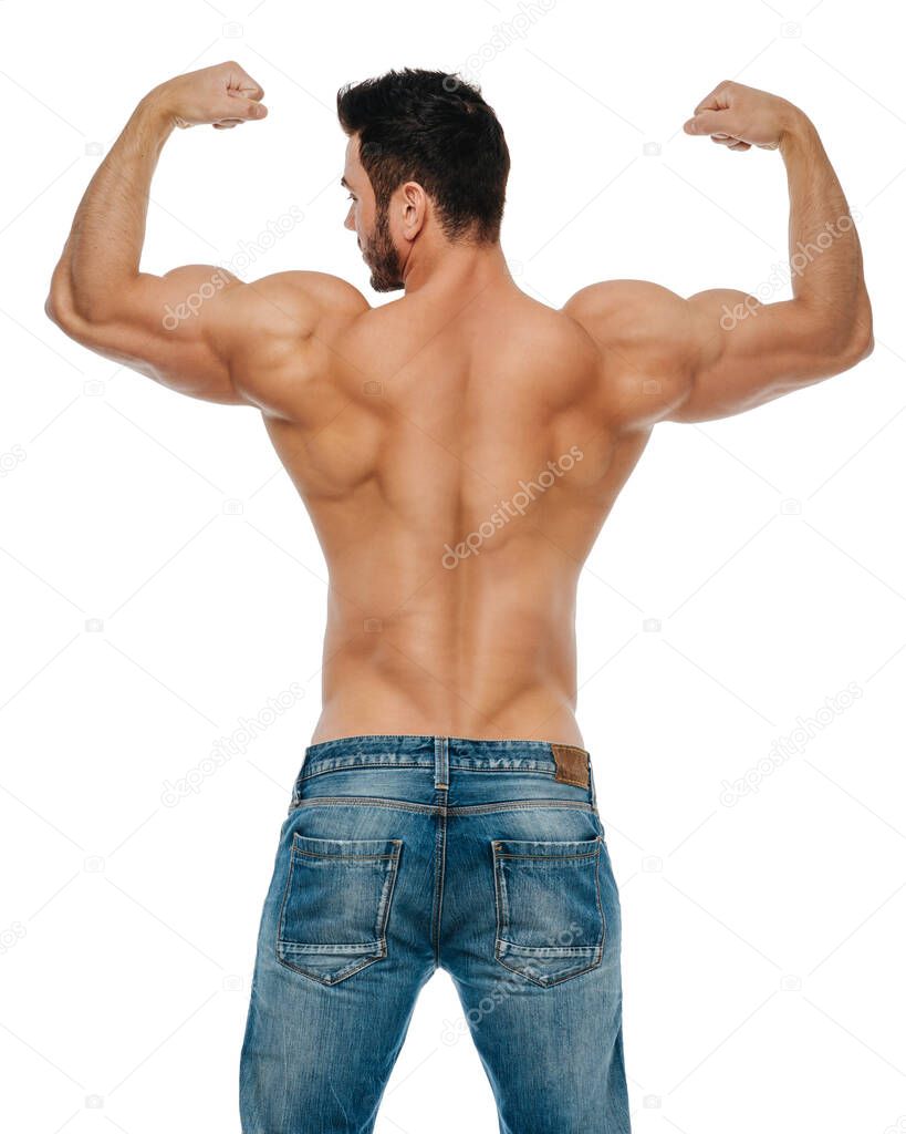 Fitness model showing his back muscles at white background