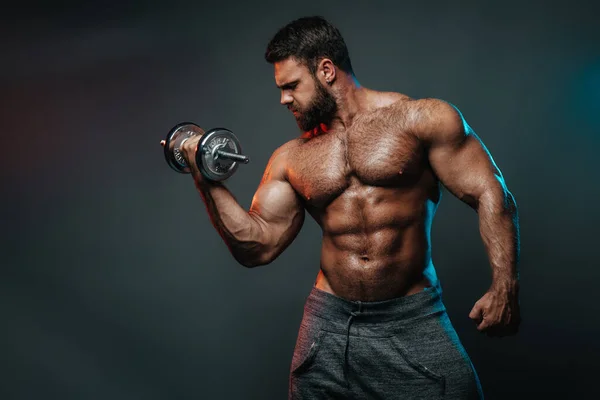 Muscled shirtless man with dumbbell doing his biceps exercise. Male body in colourful lightning in studio. Big hunk with six pack abs exercises in studio at grey background.