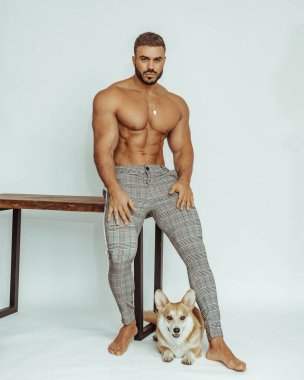 Corgi sosisli tişörtsüz seksi adam masada oturuyor. Stüdyoda köpeği olan şık yakışıklı iri kıyım..