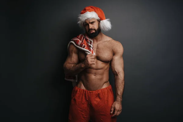 Sad Santa Claus Red Plaid Studio Sexy Muscular Guy Santa — Stock Photo, Image