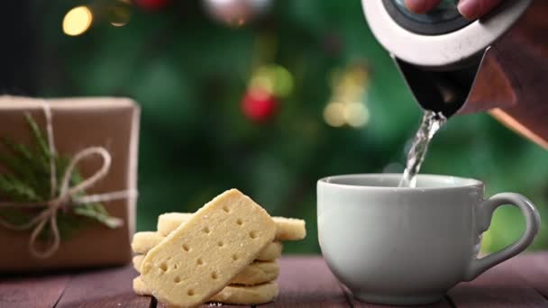 Негайно Готую Каву Шотландське Печиво Коротким Хлібом Загорнуте Різдвяний Подарунок — стокове відео