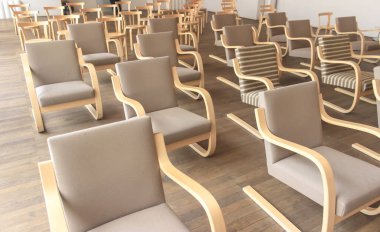 Kütüphanede, ahşap mobilyalar ve çalışma alanı olan bir İskandinav iç mimarisi. Rusya 'daki Alvar Aalto Kütüphanesi