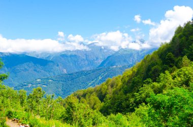 Yazın dağ manzarası güneşli bir günde gökyüzünde bulutlarla
