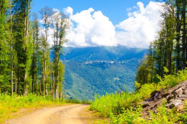 Yazın dağ manzarası güneşli bir günde gökyüzünde bulutlarla