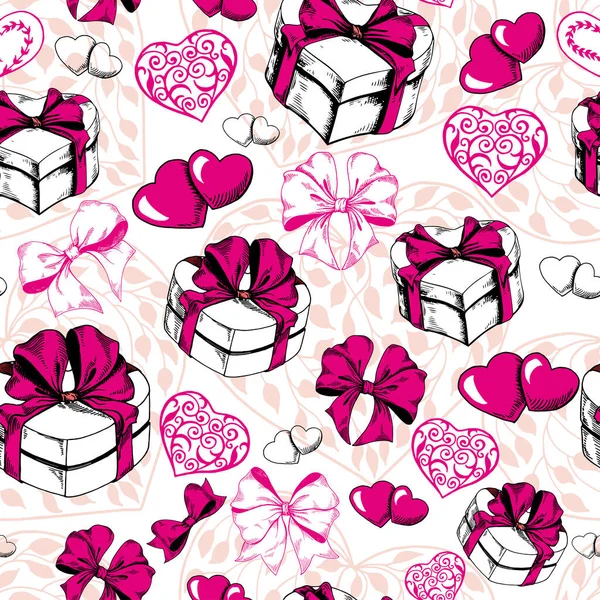 Nahtloses Muster mit rosafarbenen Herzen, Geschenkschachteln und Schleifen. — Stockvektor
