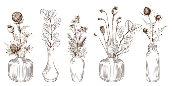 Набор ручных цветов в вазах. — стоковый вектор