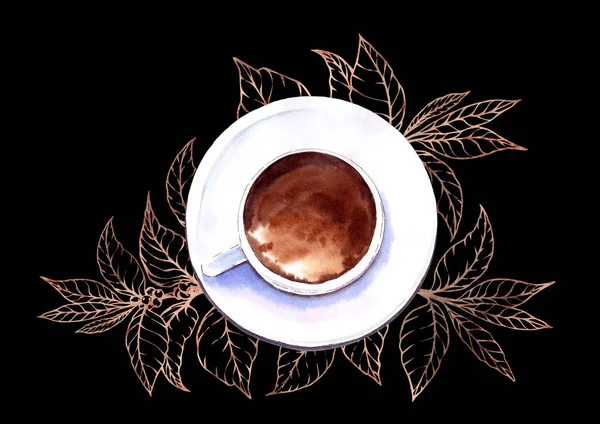 Filiżanka kawy z ręcznie rysowanymi liśćmi graficznymi. — Zdjęcie stockowe