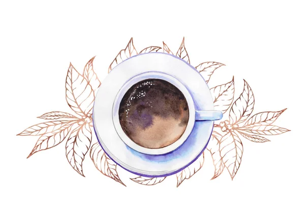 Diseño del logotipo de la taza de café con hojas gráficas dibujadas a mano. — Foto de Stock