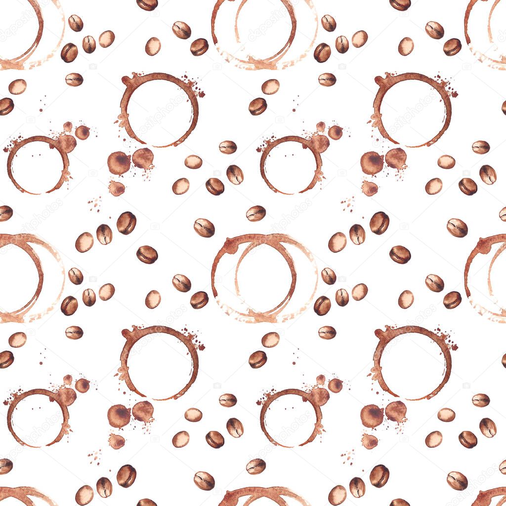 Seamless pattern with coffee beans and round coffee stains.