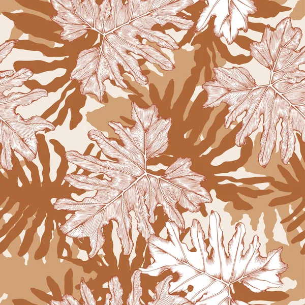 熱帯ピロデンドロンの葉とシームレスなパターン. — ストックベクタ