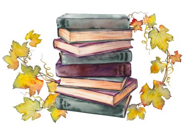 Üzüm yaprağı çelenkli eski kitaplar yığını.