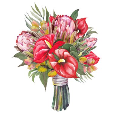 Protea ve anthurium çiçekleri buketi.