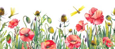 Kırmızı gelincik çiçekleriyle kusursuz yatay kenar.