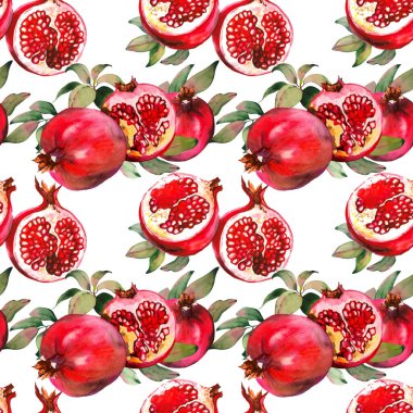 Kırmızı nar meyveleri ve beyaz yapraklarla kusursuz desen..