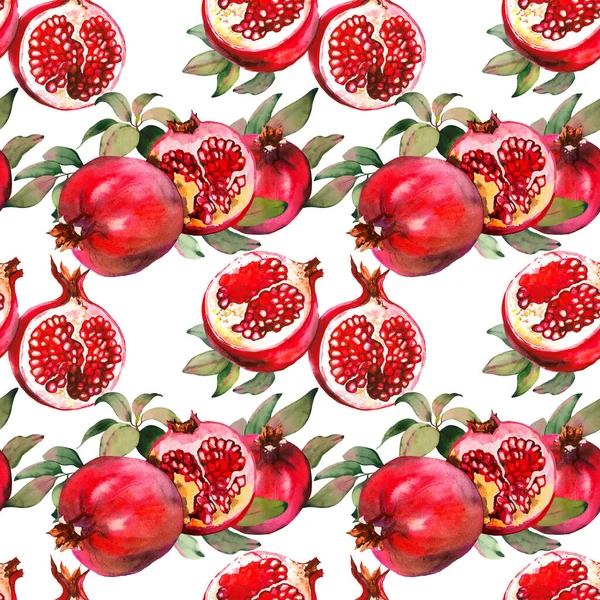 Motif sans couture avec des fruits et des feuilles de grenade rouge sur blanc. — Photo