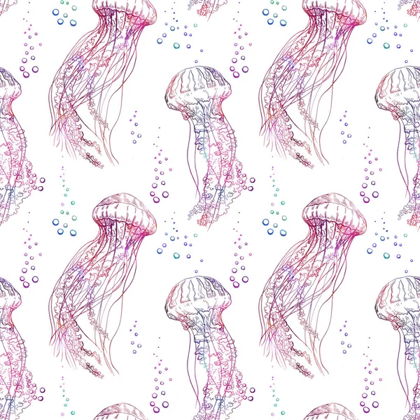 Płynny wzór z ręcznie rysowanymi meduzami i bąbelkami. — Zdjęcie stockowe