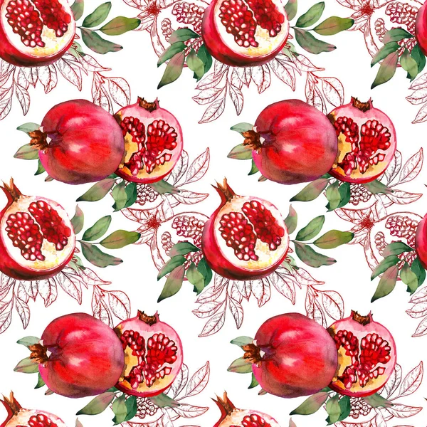 Nahtloses Muster mit Granatapfelfrüchten und Blättern auf weißem Hintergrund. — Stockfoto