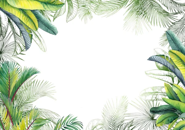 Tropical leaves frame. Watercolor and graphic illustration. — Stock Photo, Image