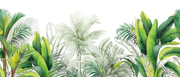 Seamless watercolor border with green tropical foliage. — Stock Photo, Image