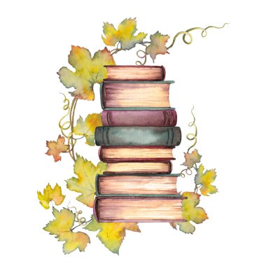 Geriye dönük kitap yığınları ve sonbahar üzüm yaprakları.