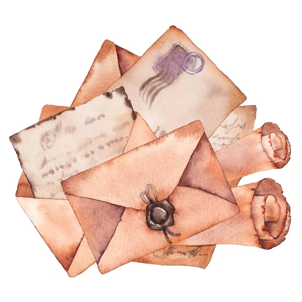 Vanhat retro-kirjeet, kirjekuoret ja pergamenttikääröt. — kuvapankkivalokuva