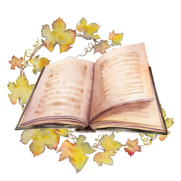 Открытая книга с виноградным листом венка. Винтажная вдохновлённая иллюстрация. — стоковое фото