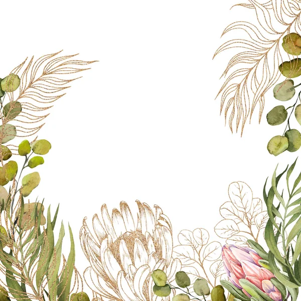 Beyaz arka planda çiçek proteinleri, okaliptüs ve palmiye yaprakları çerçevesi. — Stok fotoğraf