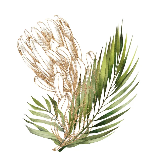 Flor de protea lineal dorada y hojas de palma sobre fondo blanco. —  Fotos de Stock