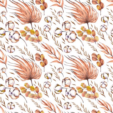 Kurumuş palmiye yaprakları ve pamuk bitkileriyle kusursuz desen..