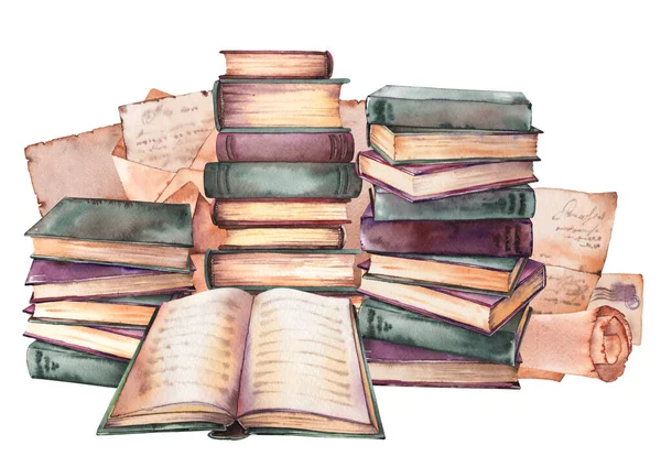Eski kitap yığınları düzenleme. Suluboya çizimi.