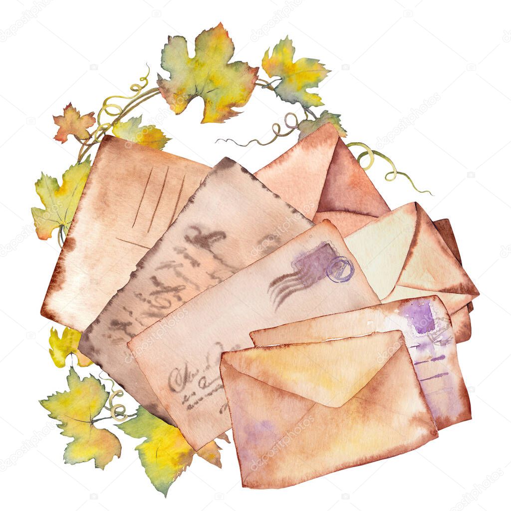 Old letters and envelopes arrangements. Vintage inspired watercolor illustration isolated on white background.