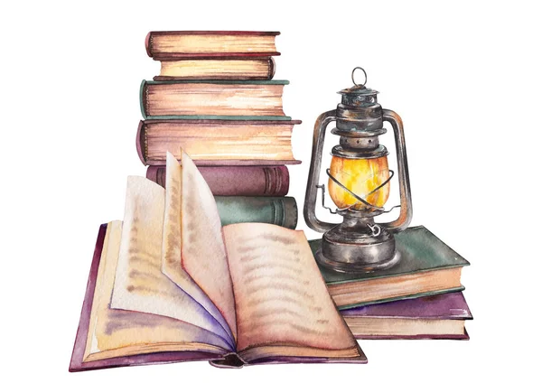 Staré knihy a aranžmá starých luceren. Obrázek barvy akvarelu. — Stock fotografie