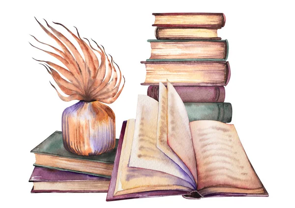 Ancien arrangement de livres et palme séchée en bouteille. Illustration aquarelle. — Photo