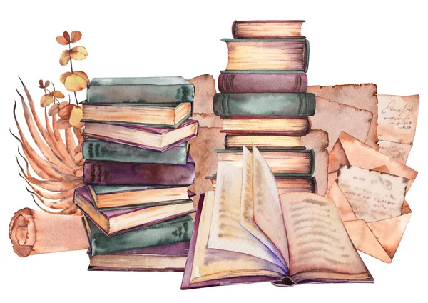 Alte Bücher arrangieren. Aquarell-Illustration auf Weiß. — Stockfoto