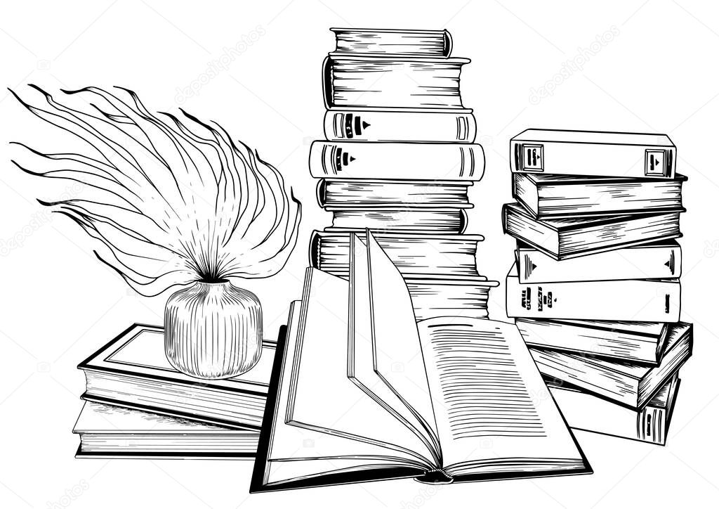 Book arrangement. Black and white illustration.