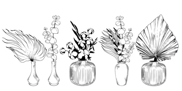 Set of vases with palm leaves, eucalyptus and cotton plants. — Stock vektor