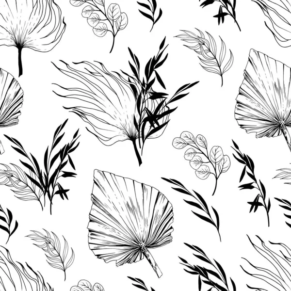 Seamless pattern with black and white hand drawn palm leaves and branches. — Stock vektor