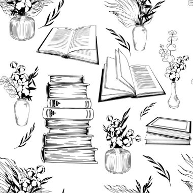 Bir yığın kitap ve boho vazosuyla kusursuz desen..