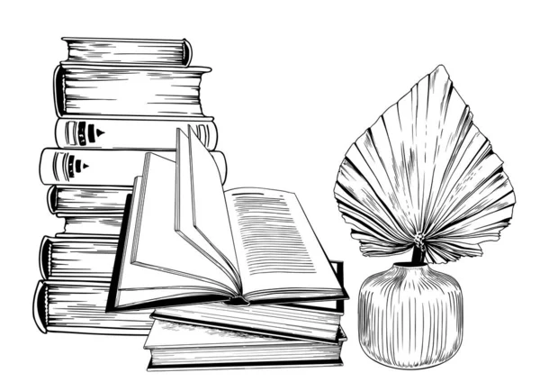 Montón de libros y arreglo de jarrones boho. Ilustración en blanco y negro. — Vector de stock