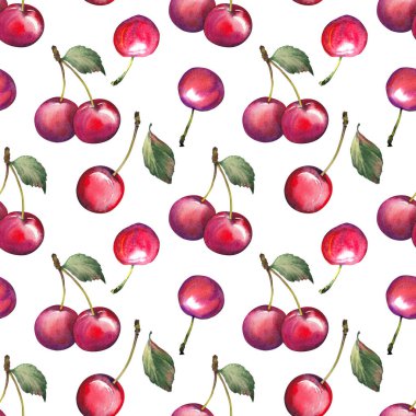 Kırmızı kiraz ve yeşil yapraklı pürüzsüz desen.